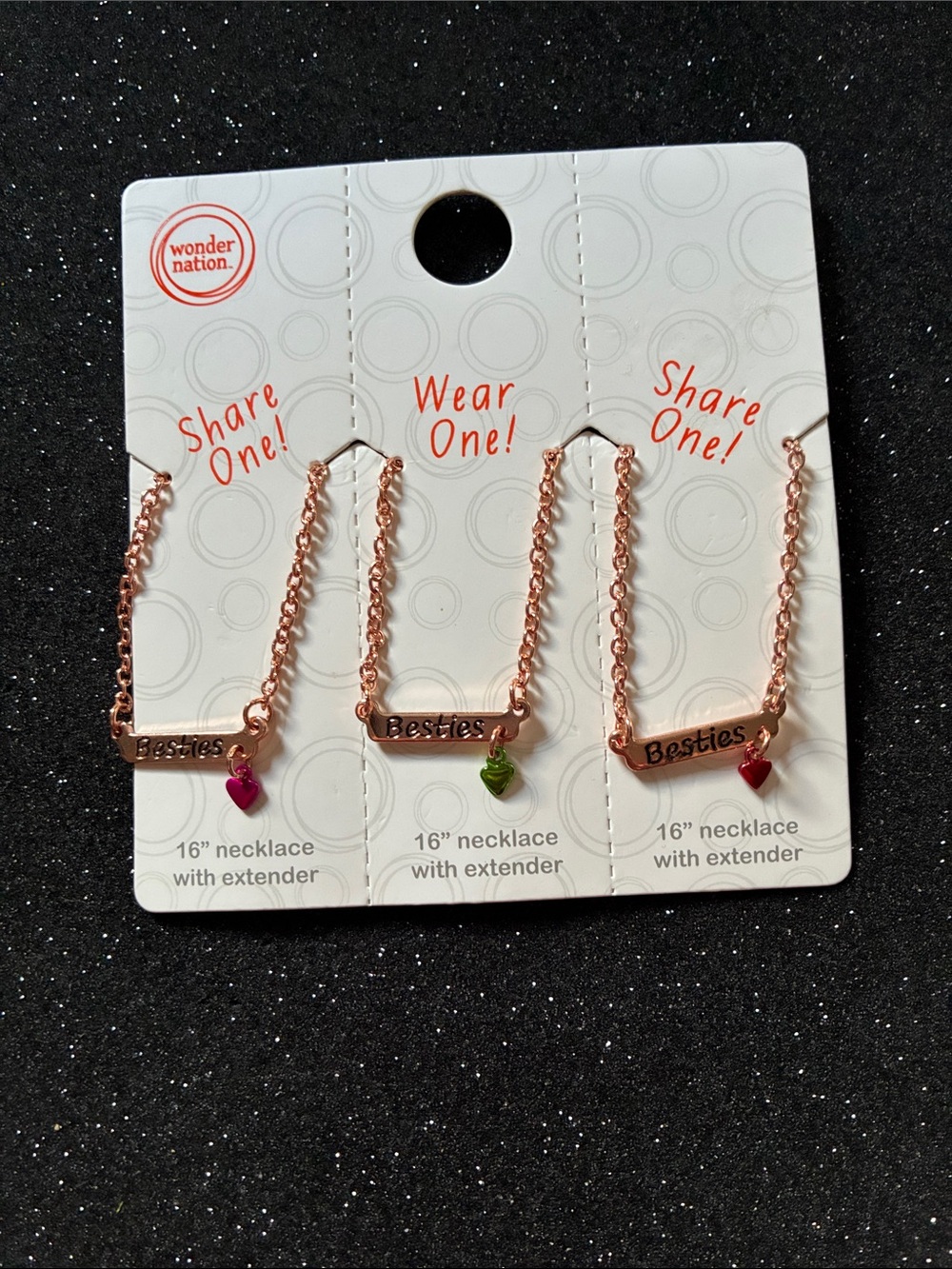 wonder nation Rose Gold Besties Necklace Set with Pink, Green, and Red Hearts